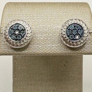 925 JWBR Blue Cluster Stud Earrings Sterling Silver Leaf Setting